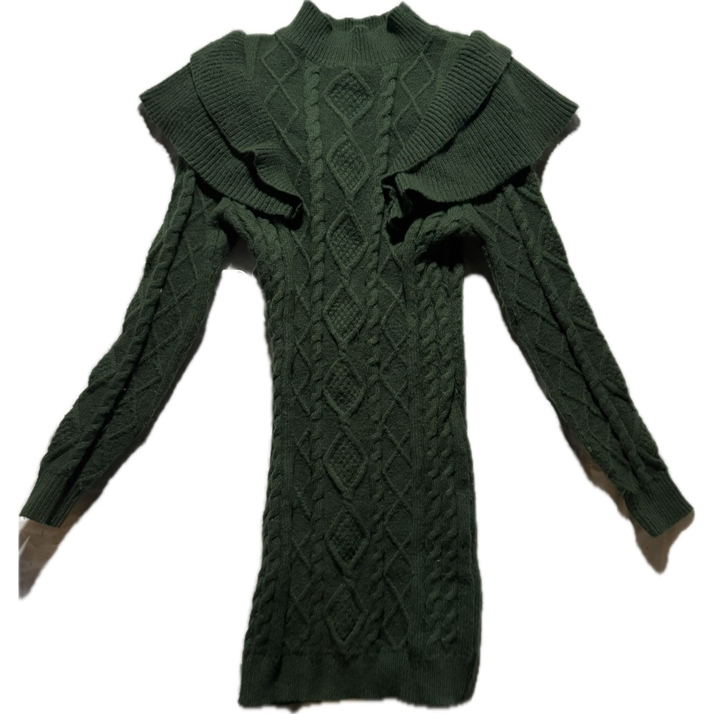 Ashly & Sage Green Cable Knit Ruffle Shoulder Mock Neck Sweater Dress Medium
